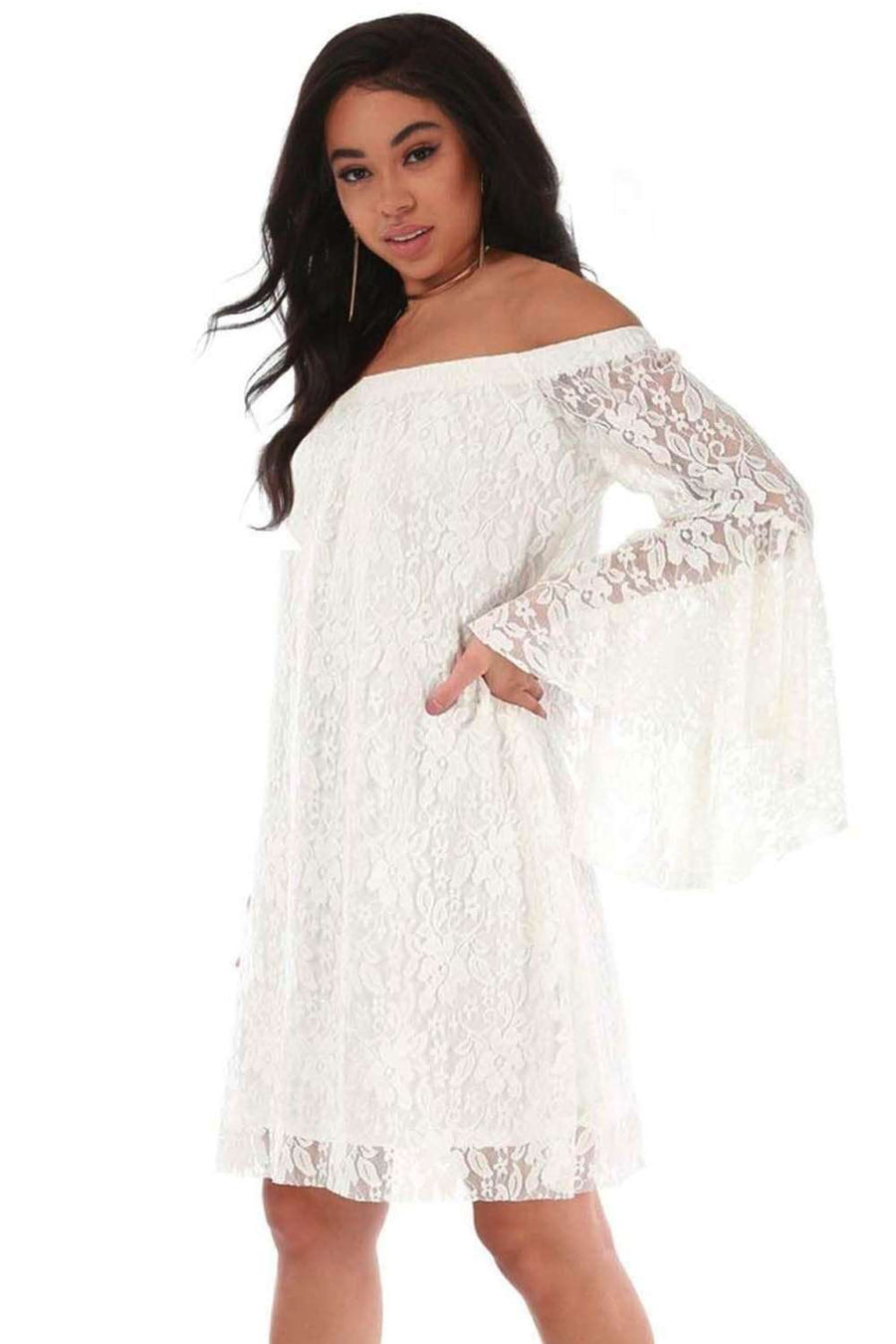 Plus Size Off Shoulder Flare Sleeve Lace Mini Dress - bejealous-com