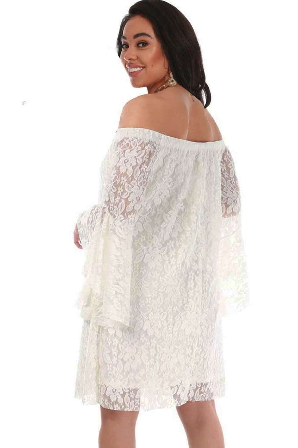 Plus Size Off Shoulder Flare Sleeve Lace Mini Dress - bejealous-com