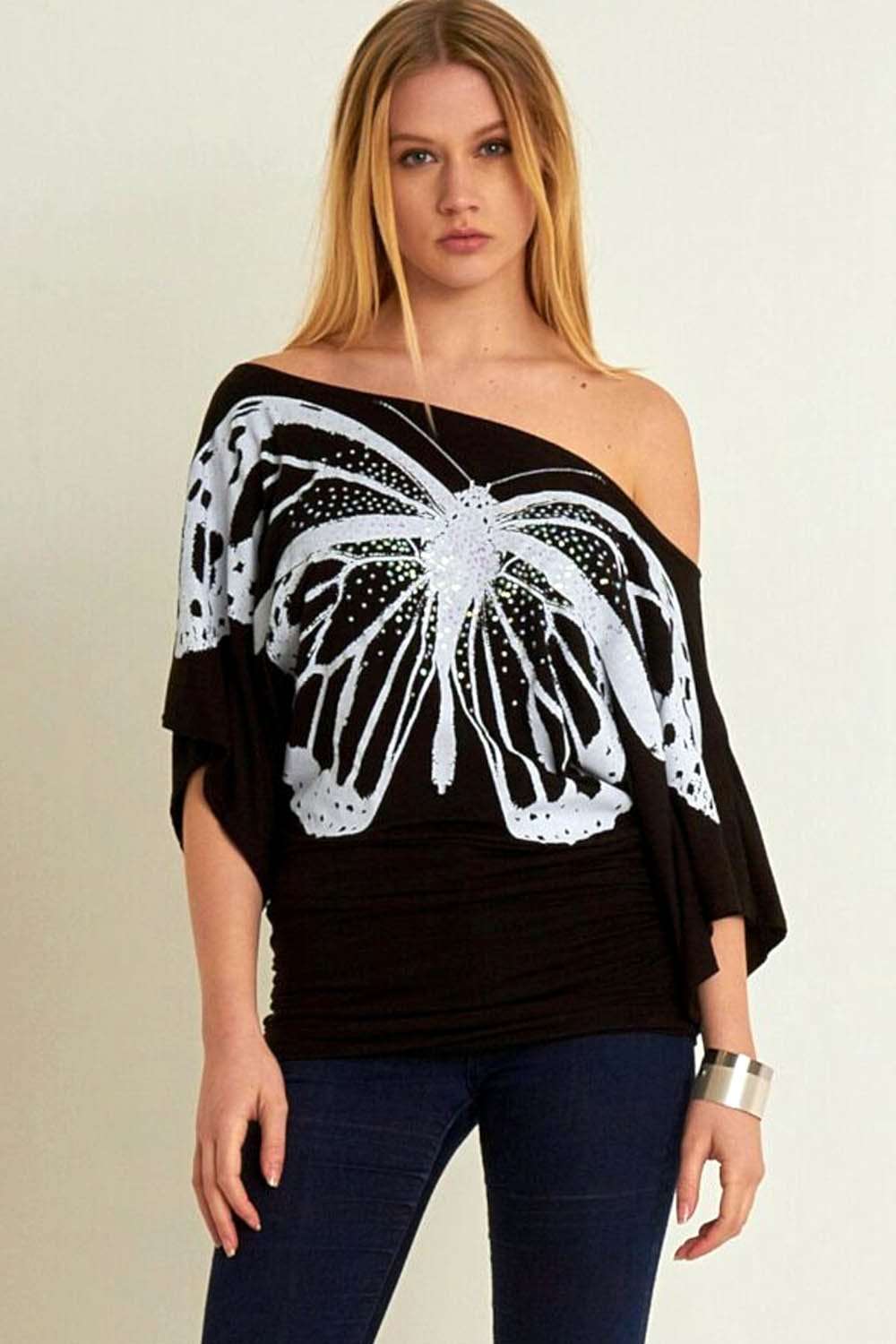 Polly Butterfly Print Bat Wing Baggy Tshirt - bejealous-com