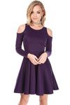 Purple Cold Shoulder Long Sleeve Skater Dress - bejealous-com