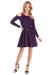 Purple Cold Shoulder Long Sleeve Skater Dress - bejealous-com