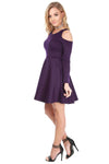 Purple Cold Shoulder Long Sleeve Skater Dress - bejealous-com
