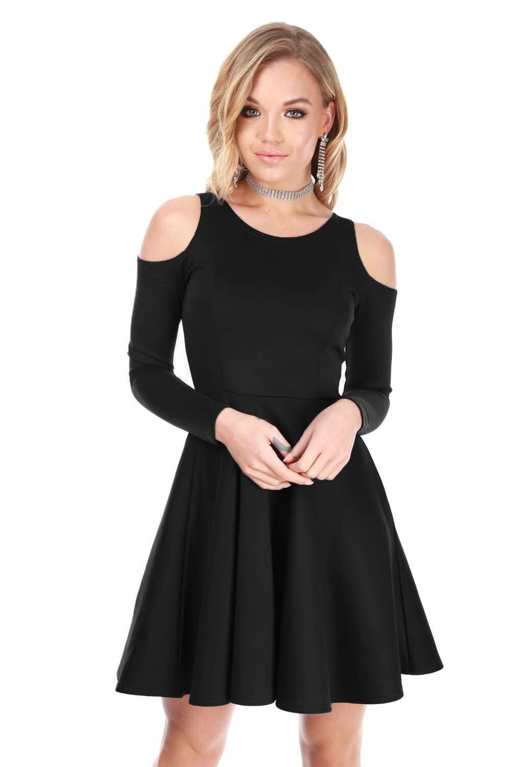Purple Cold Shoulder Long Sleeve Skater Dress - bejealous-com