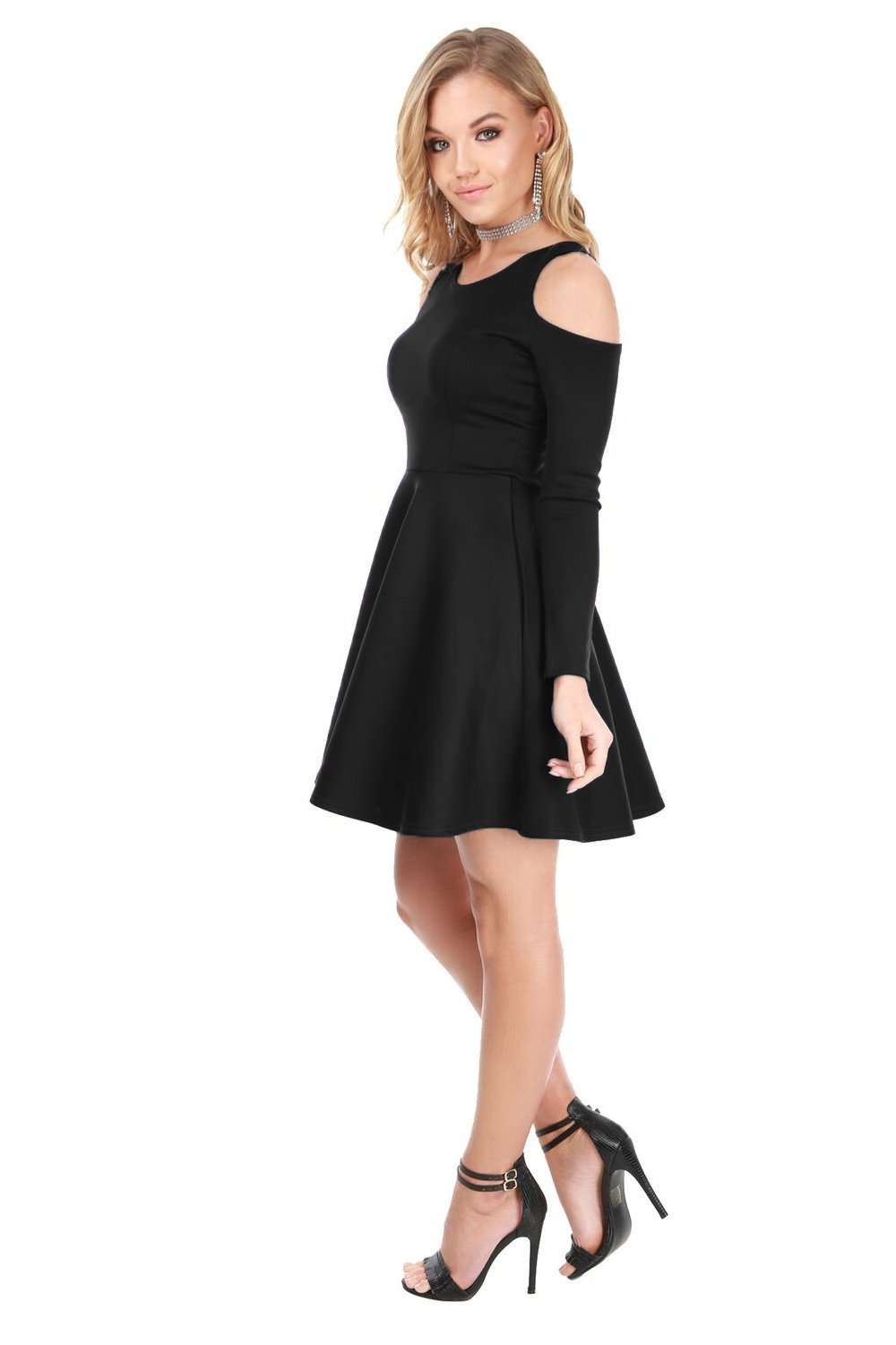 Purple Cold Shoulder Long Sleeve Skater Dress - bejealous-com