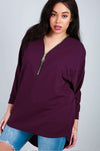 Purple Plus Size Plunge Zip Neck Bat Wing Top - bejealous-com