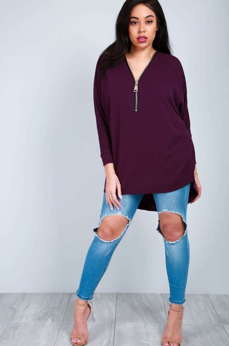 Purple Plus Size Plunge Zip Neck Bat Wing Top - bejealous-com