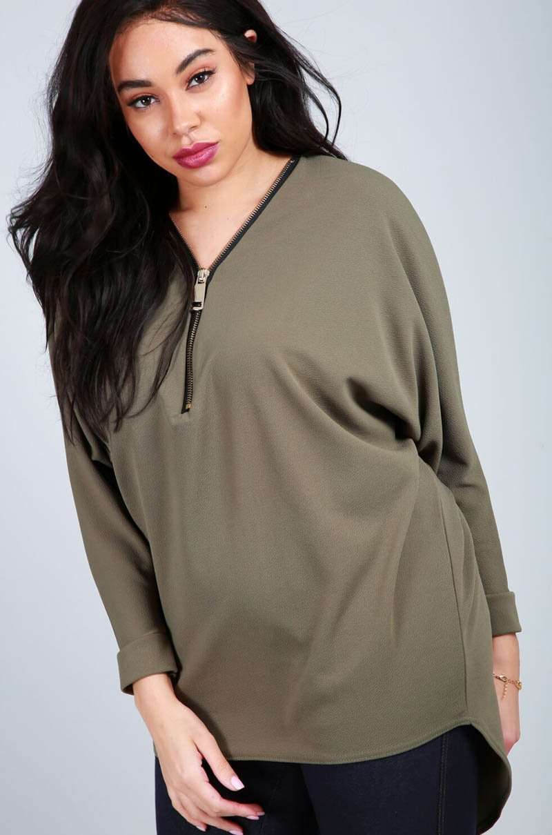 Purple Plus Size Plunge Zip Neck Bat Wing Top - bejealous-com
