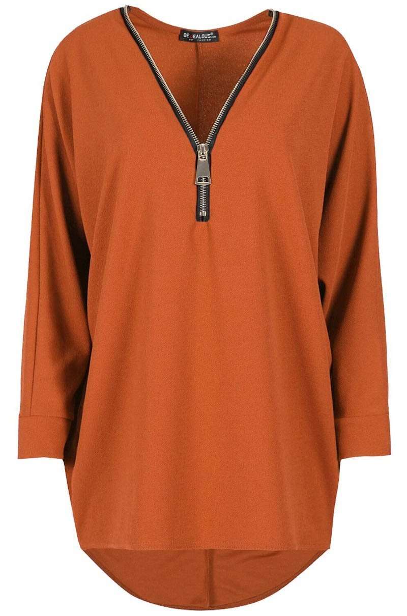 Purple Plus Size Plunge Zip Neck Bat Wing Top - bejealous-com