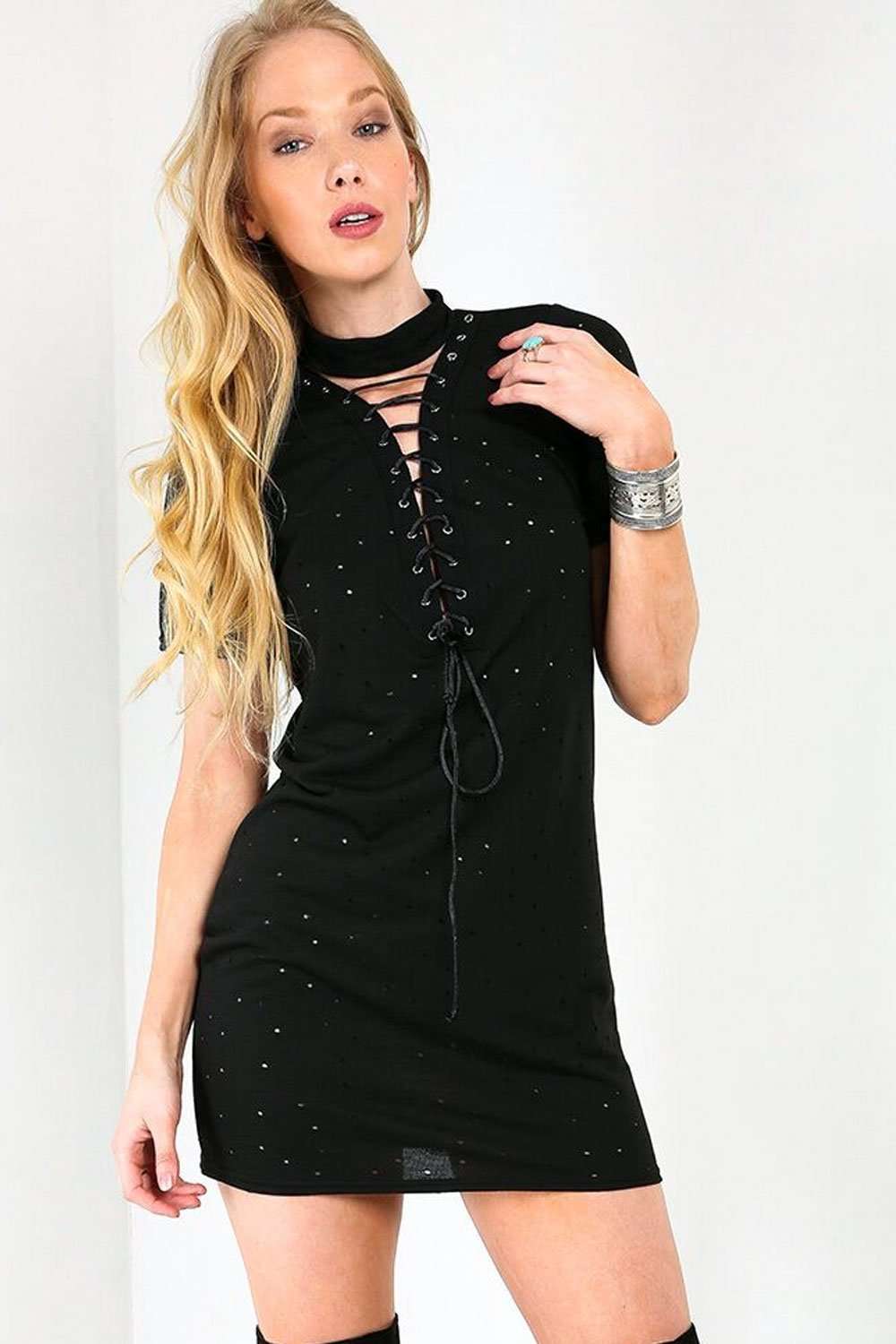 Raine Choker Neck Lace Up TShirt Dress - bejealous-com