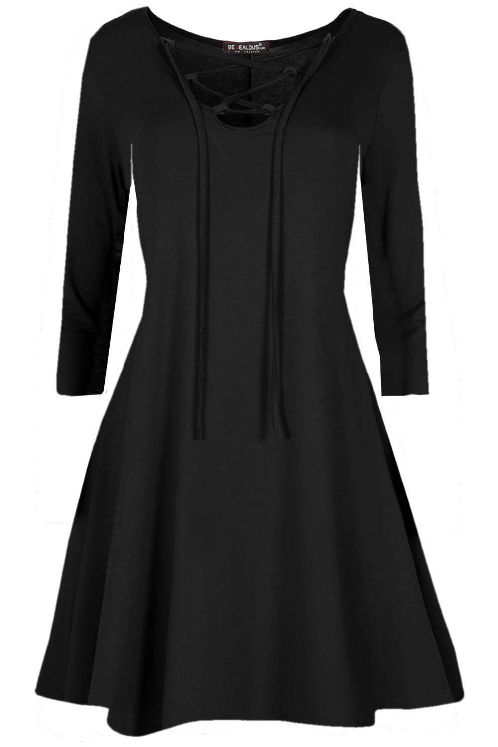 Red Long Sleeve Basic Lace Up Mini Swing Dress - bejealous-com