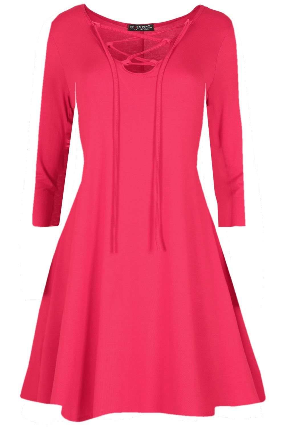 Red Long Sleeve Basic Lace Up Mini Swing Dress - bejealous-com