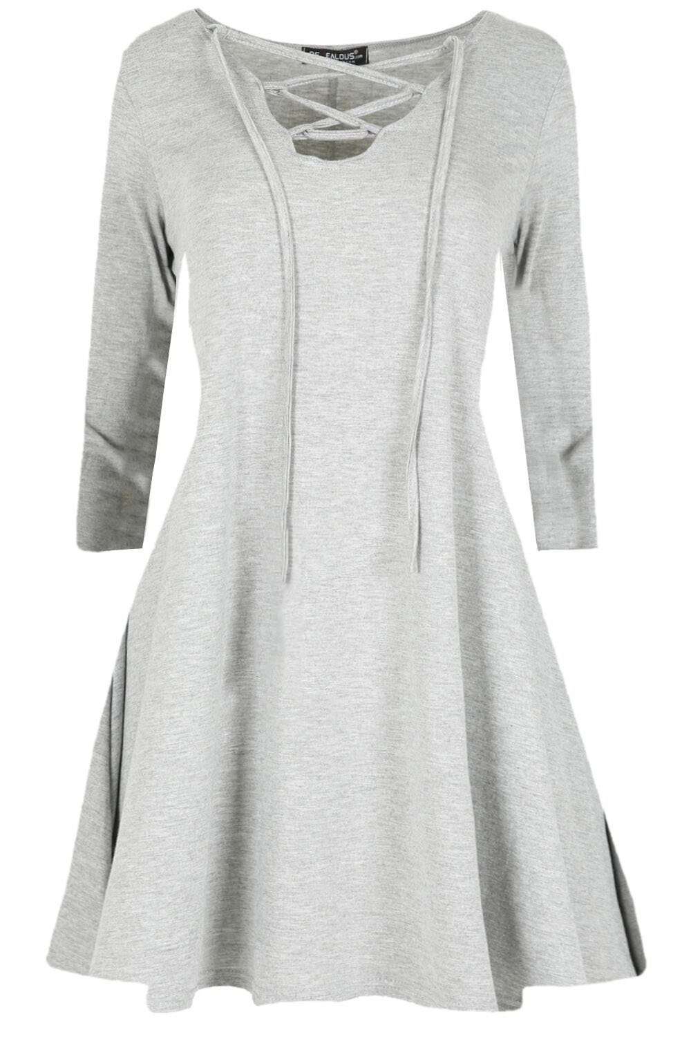Red Long Sleeve Basic Lace Up Mini Swing Dress - bejealous-com