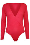 Red Long Sleeve V Neck Wrap Front Bodysuit - bejealous-com