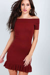 Red Off Shoulder Frill Hem Mini Bodycon Dress - bejealous-com