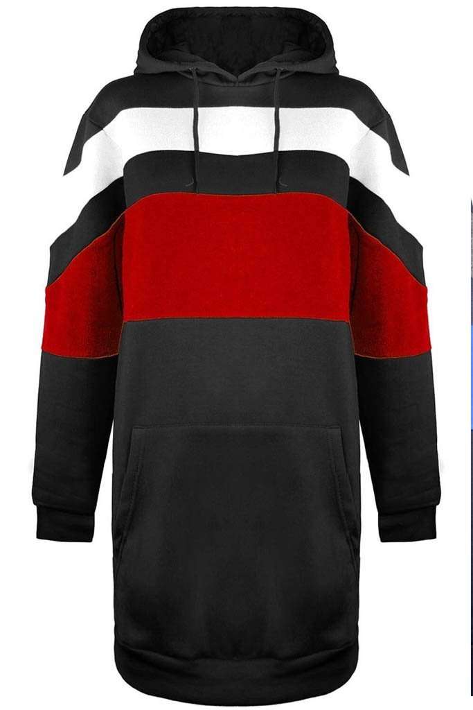 Red Oversized Contrast Stripe Hooded Sweater Dress - bejealous-com