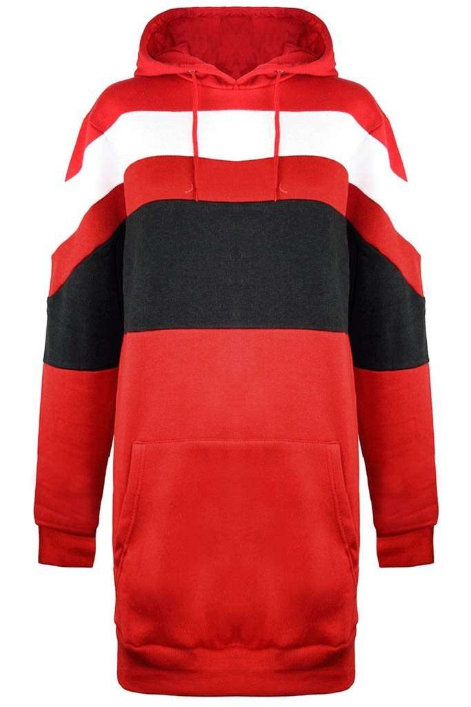 Red Oversized Contrast Stripe Hooded Sweater Dress - bejealous-com