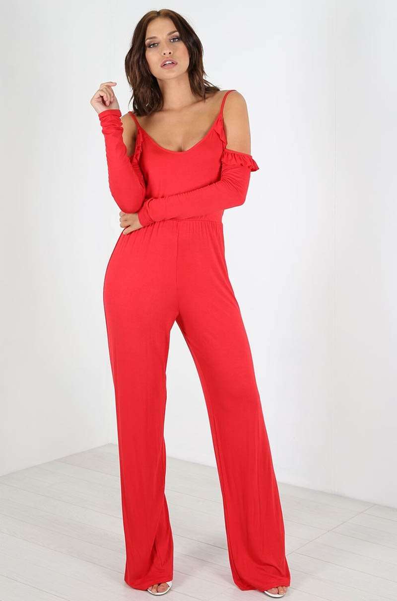 Red Strappy Cold Shoulder Wide Leg Jumpsuit - bejealous-com