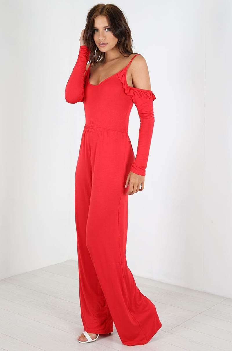 Red Strappy Cold Shoulder Wide Leg Jumpsuit - bejealous-com