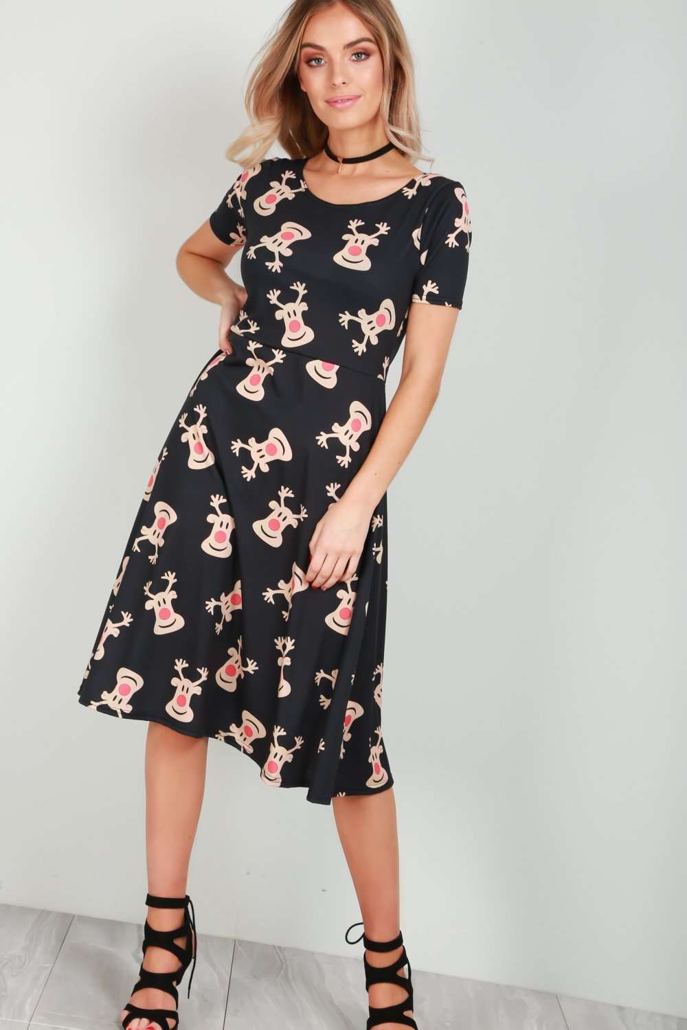 Reindeer Christmas Print Short Sleeve Midi Swing Dress - bejealous-com
