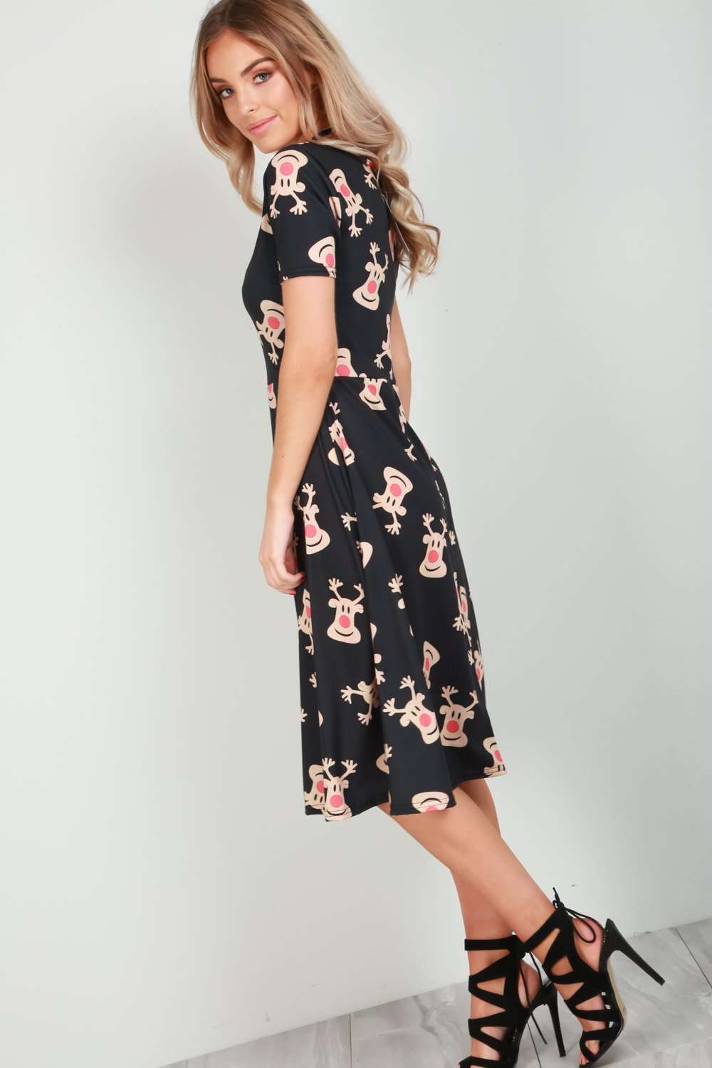 Reindeer Christmas Print Short Sleeve Midi Swing Dress - bejealous-com