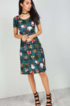 Reindeer Christmas Print Short Sleeve Midi Swing Dress - bejealous-com