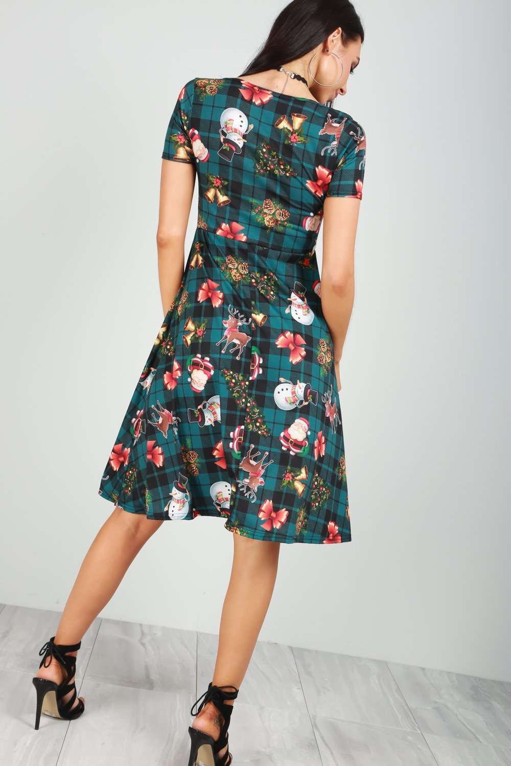 Reindeer Christmas Print Short Sleeve Midi Swing Dress - bejealous-com