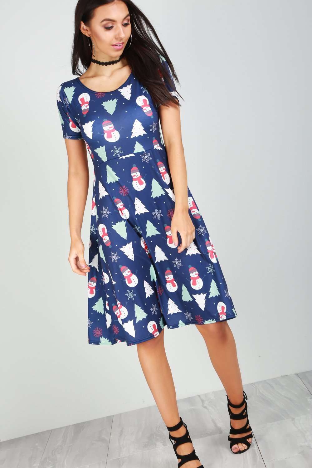 Reindeer Christmas Print Short Sleeve Midi Swing Dress - bejealous-com