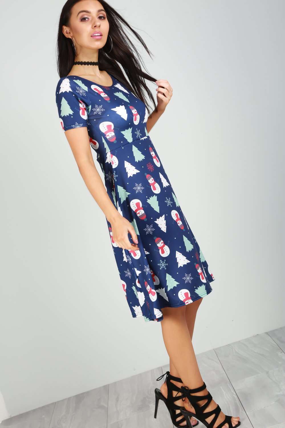 Reindeer Christmas Print Short Sleeve Midi Swing Dress - bejealous-com