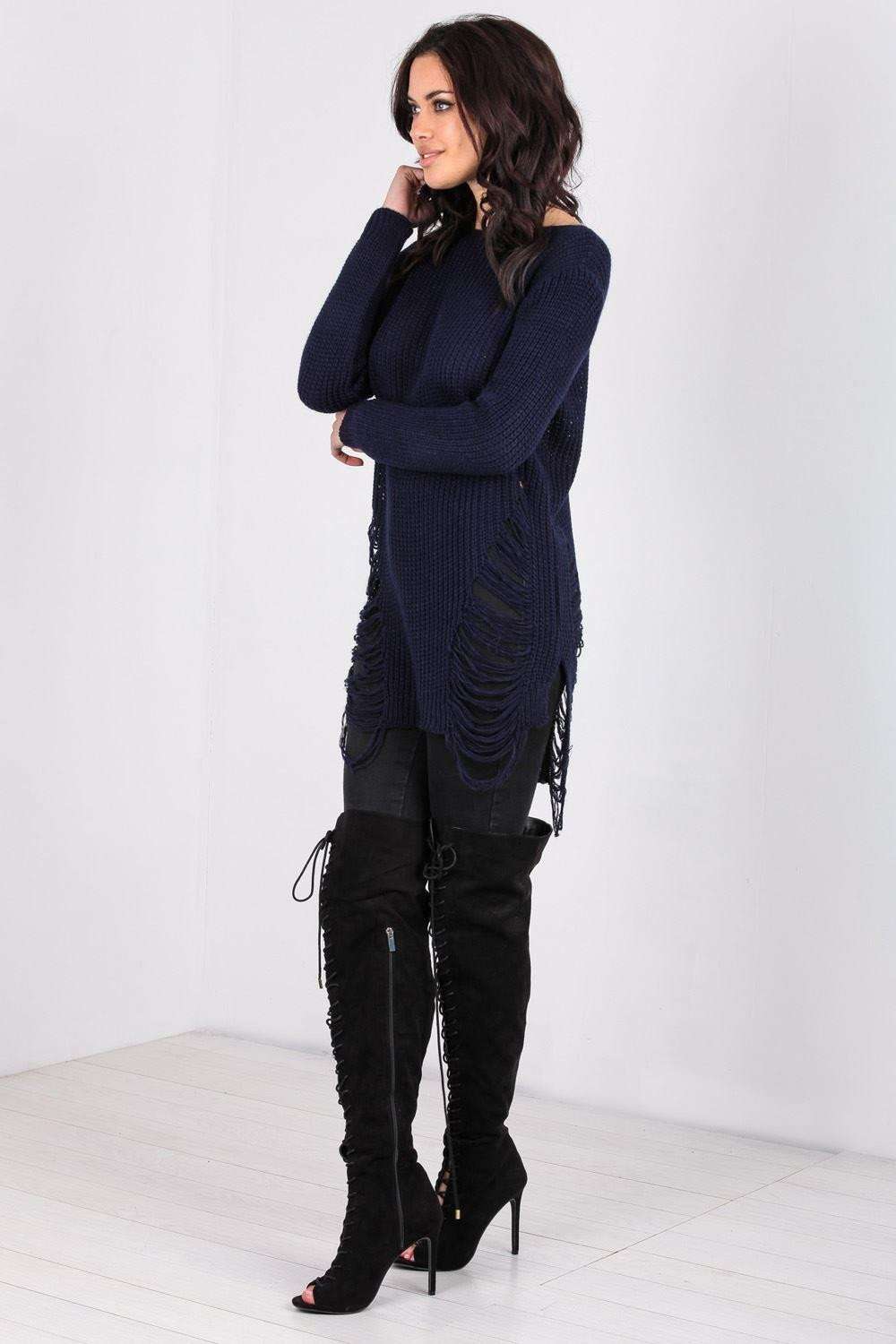 Long Sleeve Red Frayed Knitted Jumper - bejealous-com