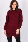 Long Sleeve Red Frayed Knitted Jumper - bejealous-com