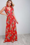Robyn Plunge Neck Red Floral Maxi Dress - bejealous-com