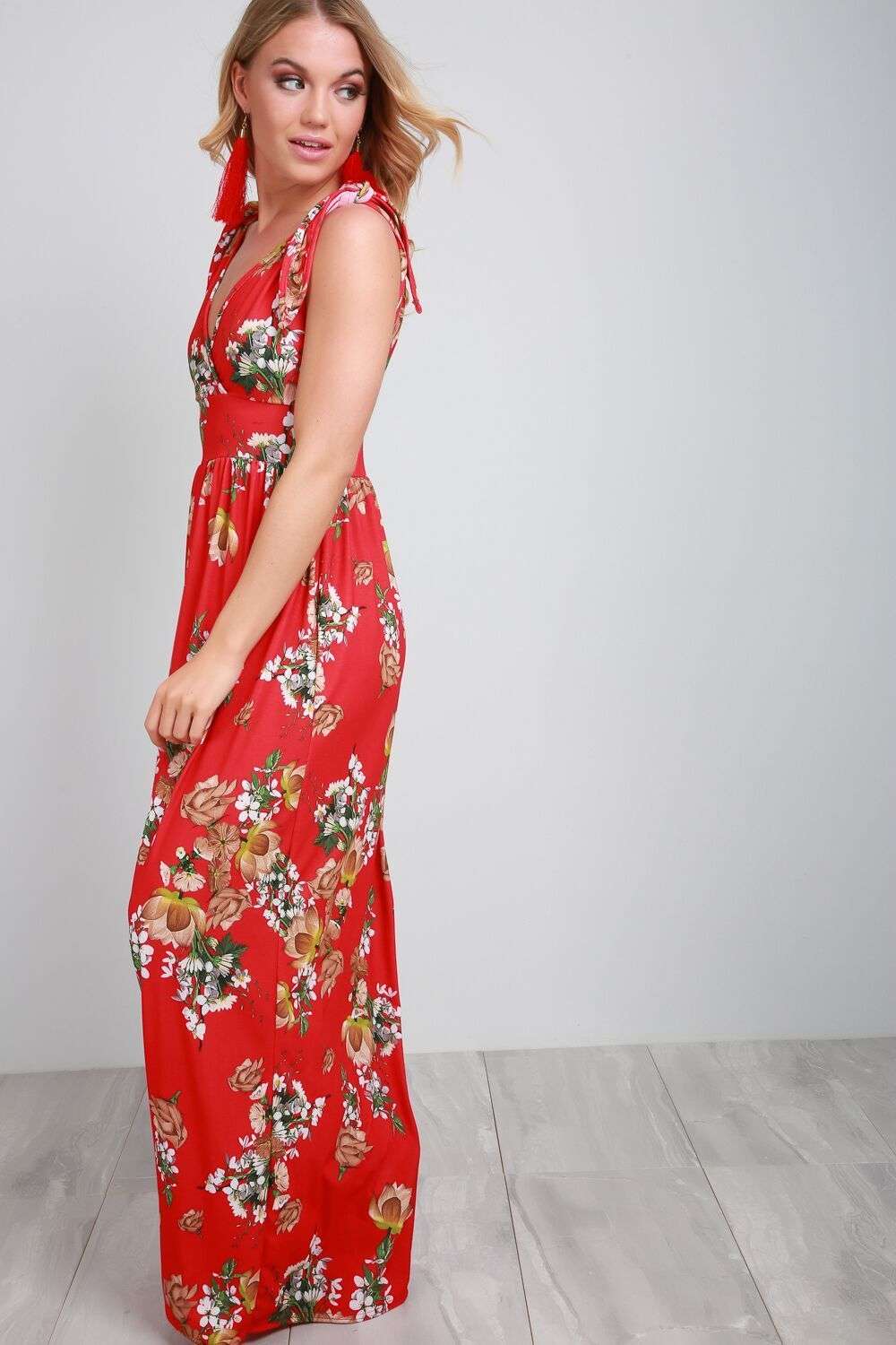 Robyn Plunge Neck Red Floral Maxi Dress - bejealous-com
