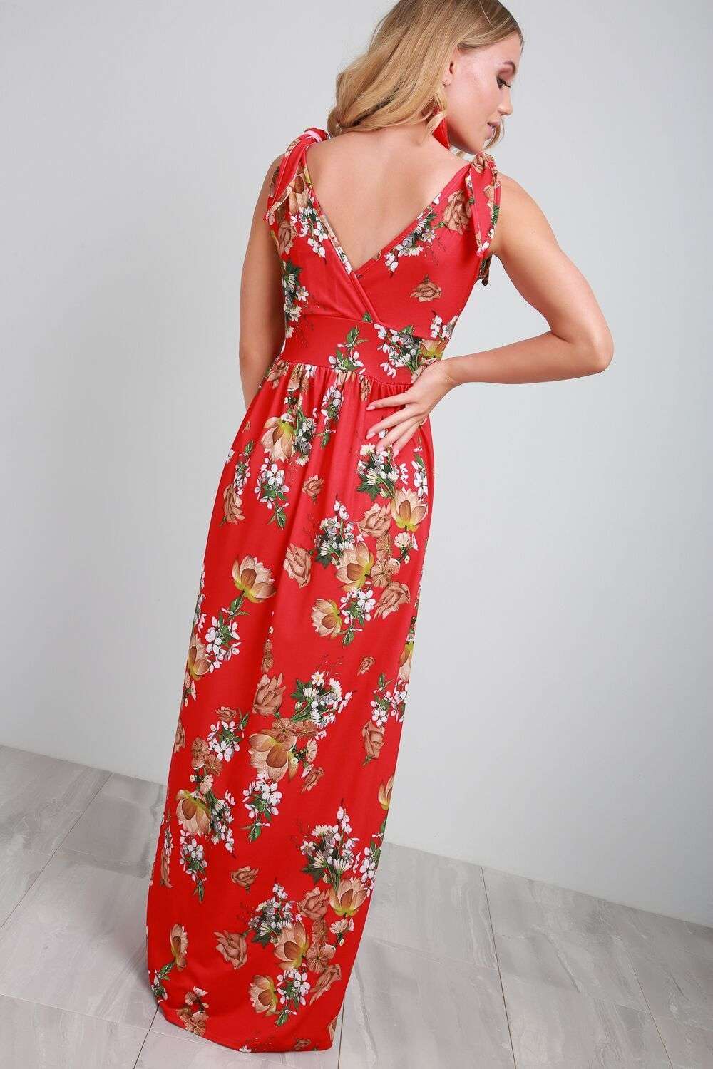 Robyn Plunge Neck Red Floral Maxi Dress - bejealous-com