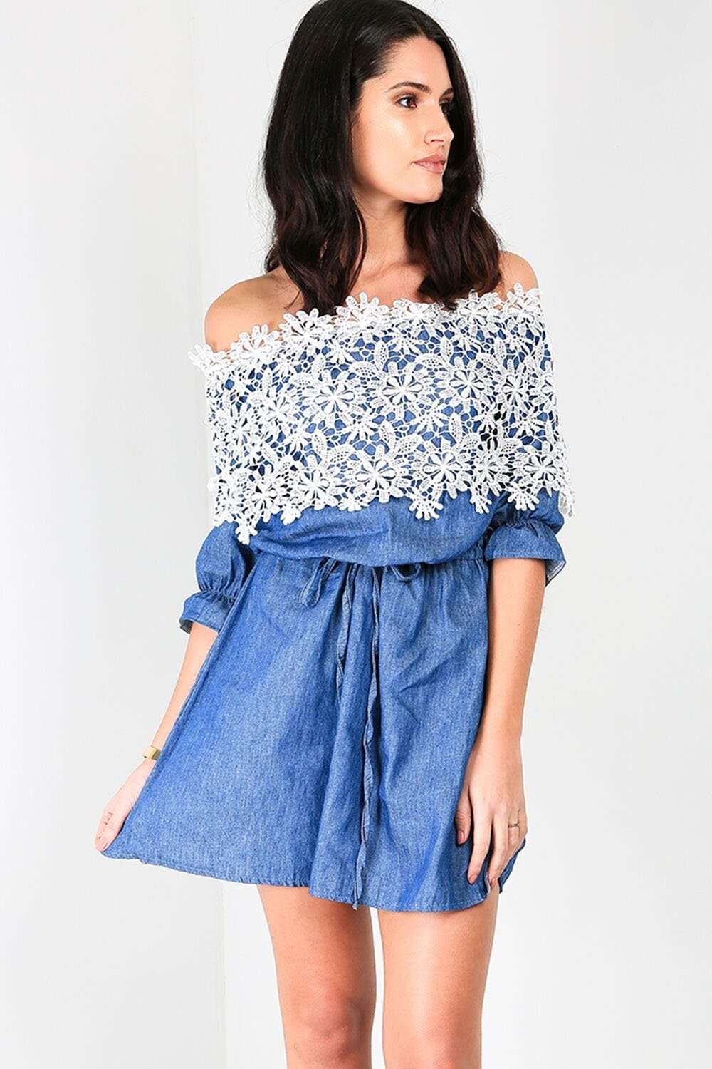 Rochelle Bardot Floral Lace Denim Mini Dress - bejealous-com