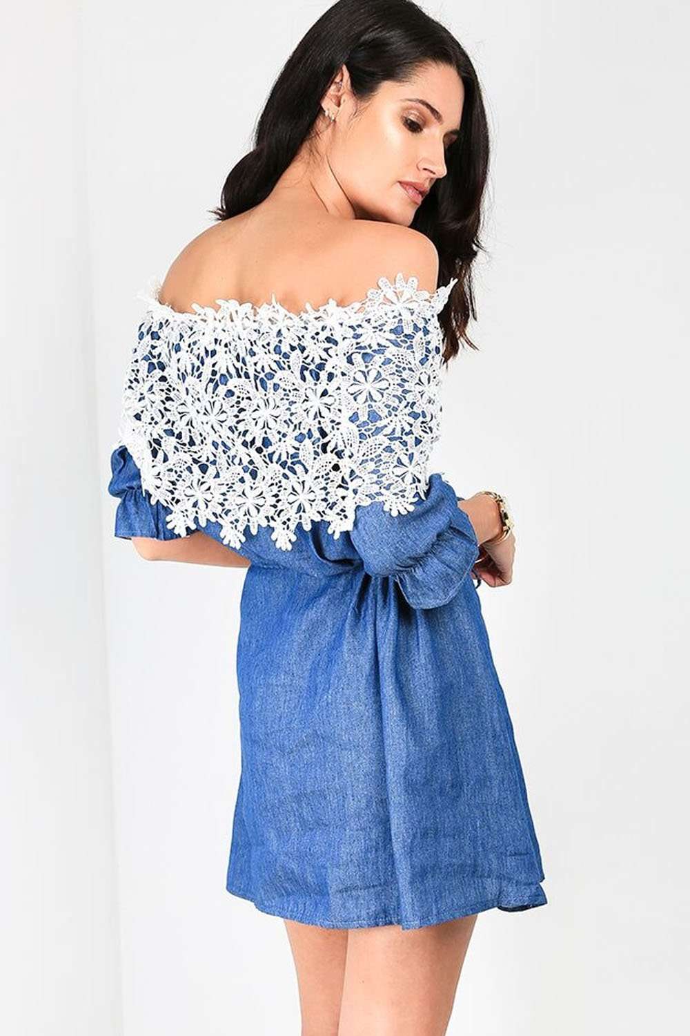 Rochelle Bardot Floral Lace Denim Mini Dress - bejealous-com