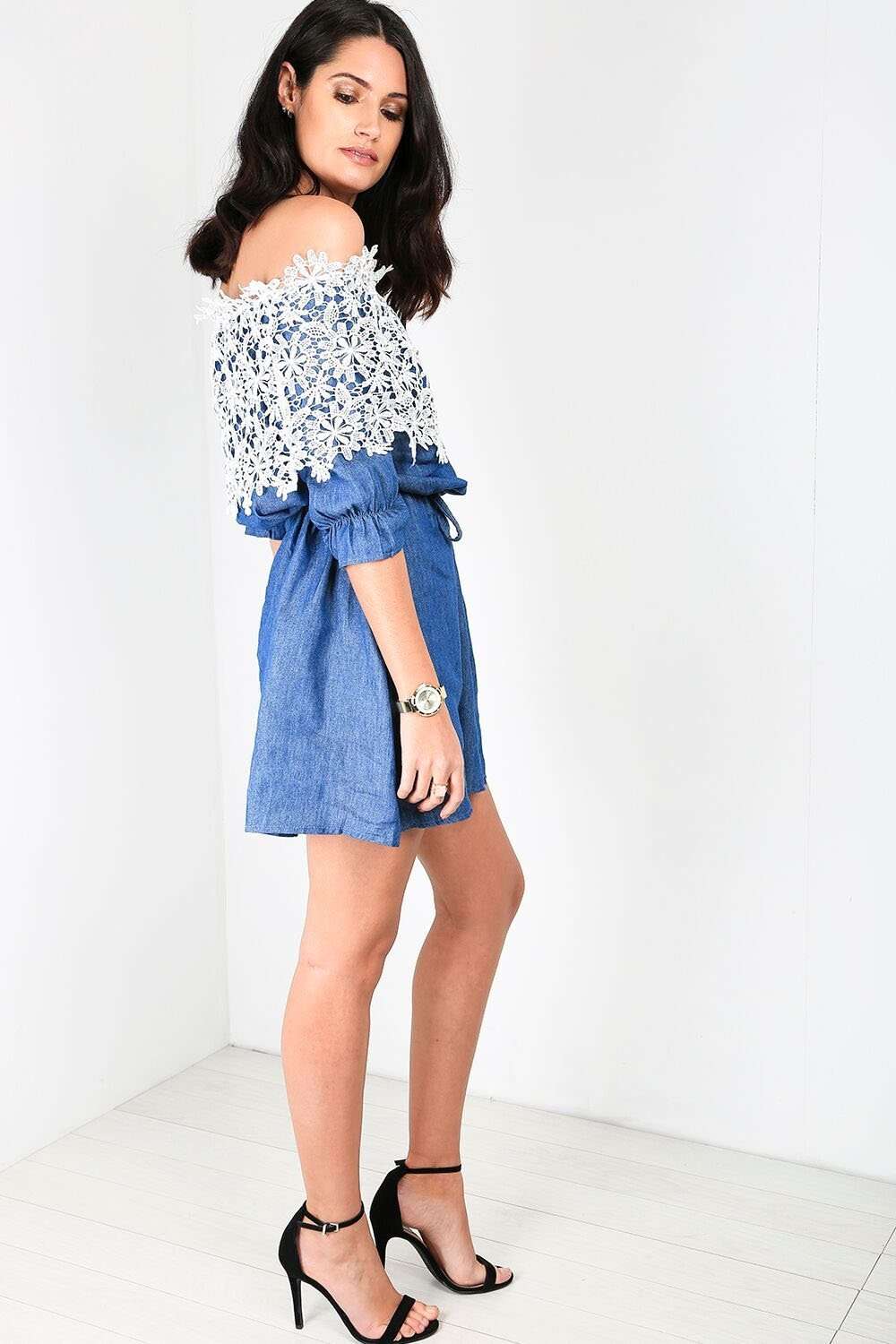 Rochelle Bardot Floral Lace Denim Mini Dress - bejealous-com