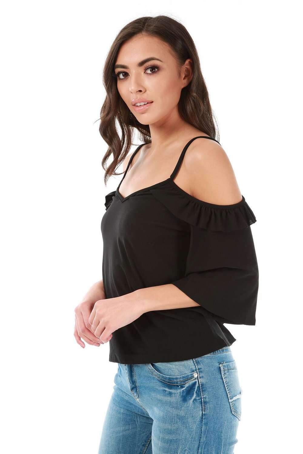 Ruby Flute Sleeve Cold Shoulder Frilly Cami Top - bejealous-com