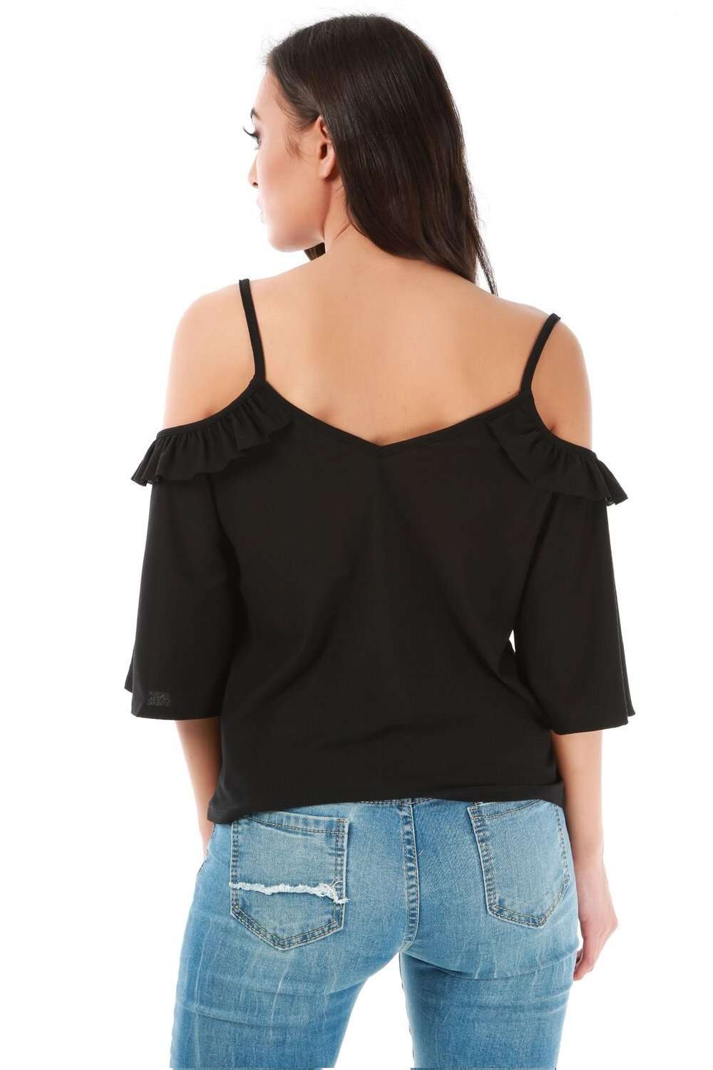 Ruby Flute Sleeve Cold Shoulder Frilly Cami Top - bejealous-com