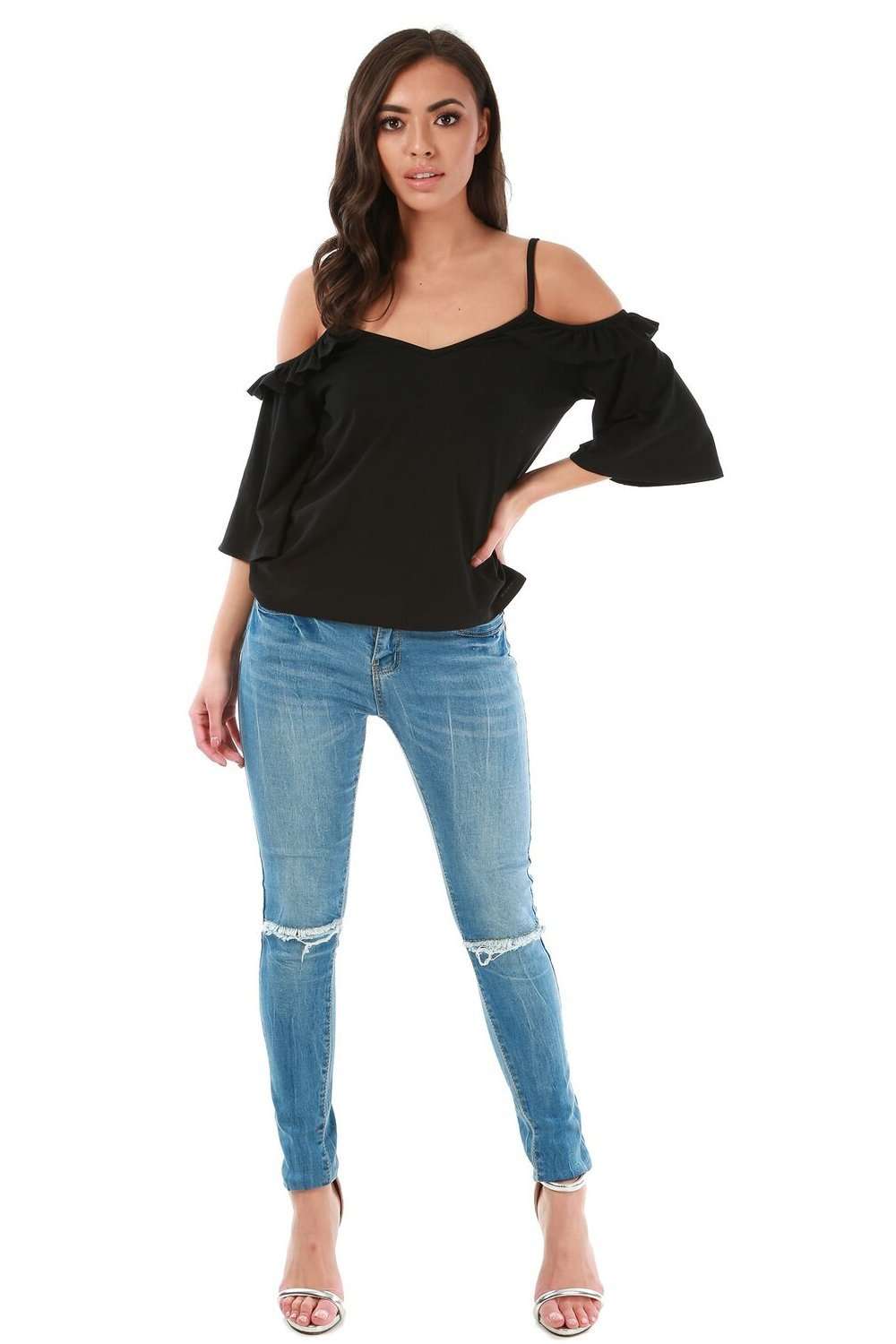 Ruby Flute Sleeve Cold Shoulder Frilly Cami Top - bejealous-com