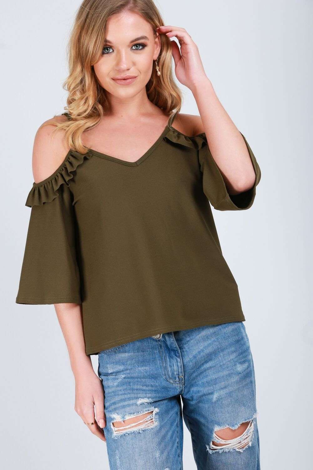 Ruby Flute Sleeve Cold Shoulder Frilly Cami Top - bejealous-com