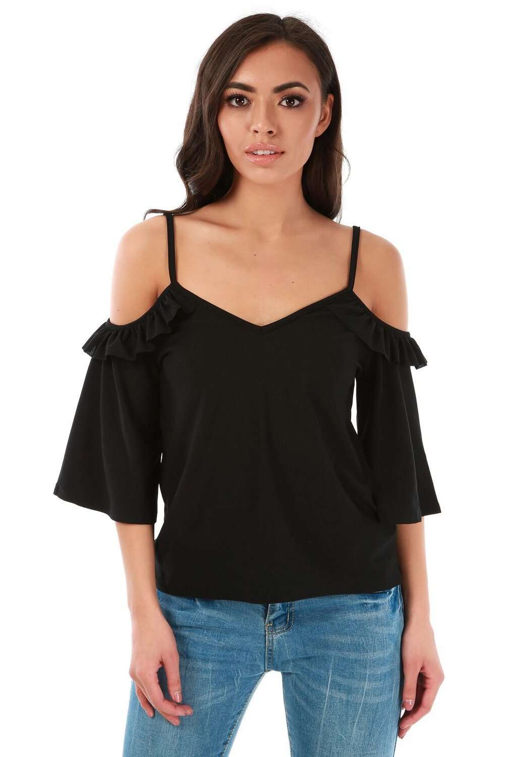 Ruby Flute Sleeve Cold Shoulder Frilly Cami Top - bejealous-com
