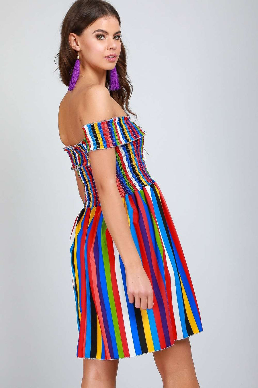 Sade Bardot Multicolour Striped Mini Dress - bejealous-com