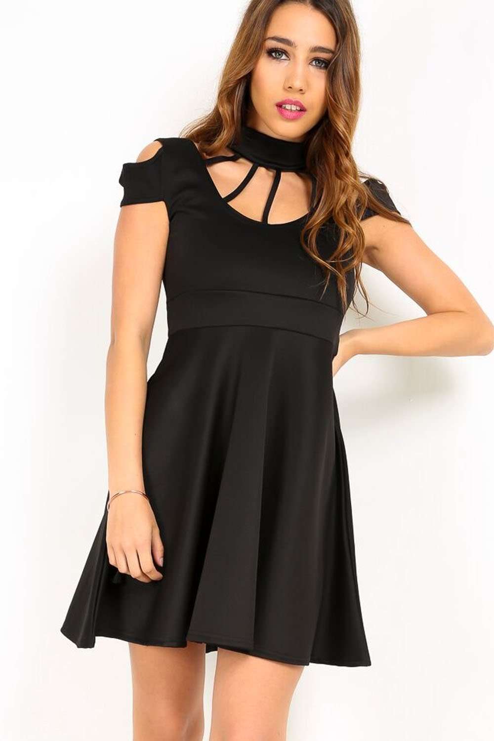 Sadie Caged Choker Neck Mini Skater Dress - bejealous-com