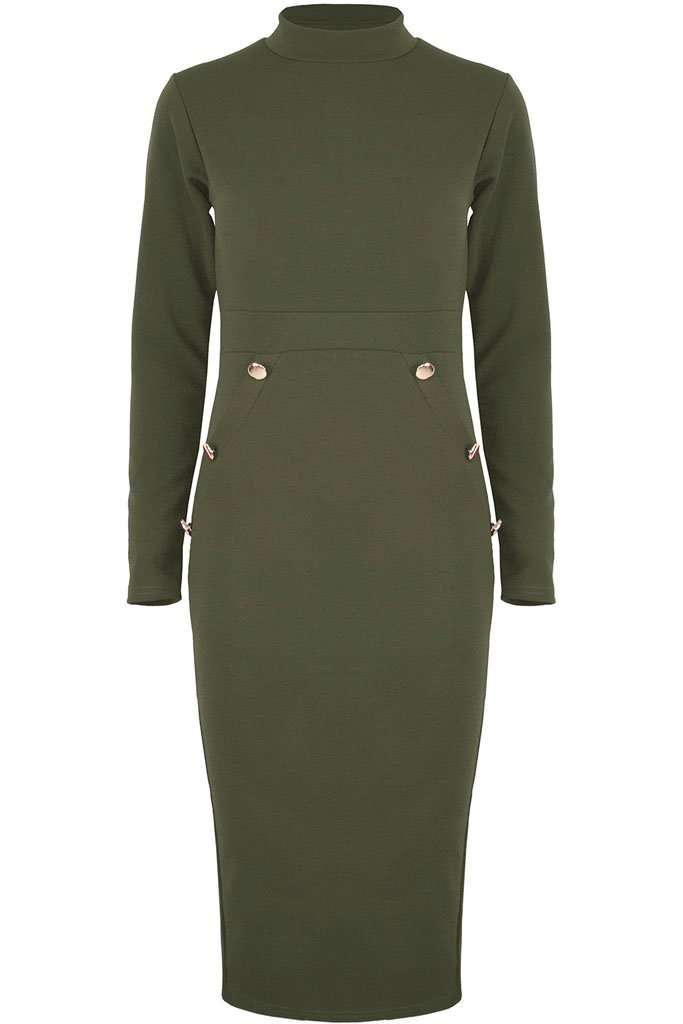 Sadie Long Sleeve Gold Button Bodycon Dress - bejealous-com