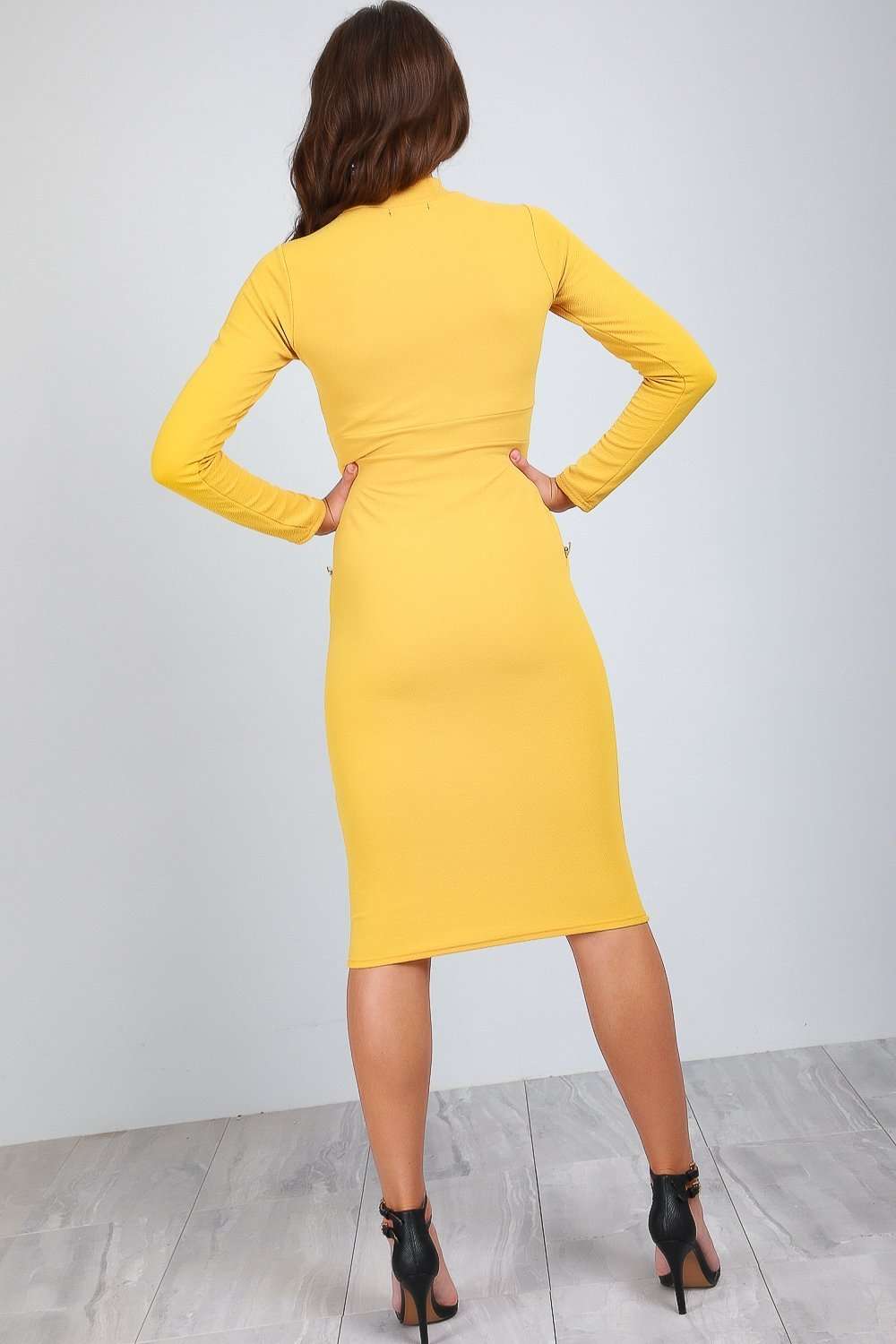 Sadie Long Sleeve Gold Button Bodycon Dress - bejealous-com