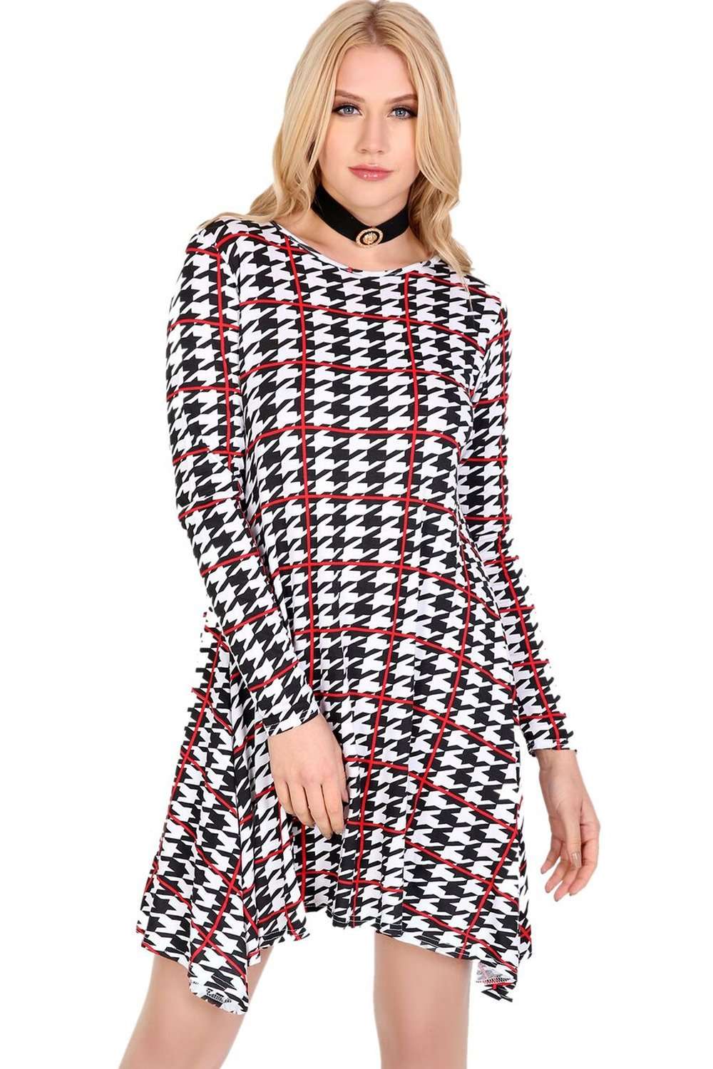 Sallie Long Sleeve Dog Tooth Mini Swing Dress - bejealous-com