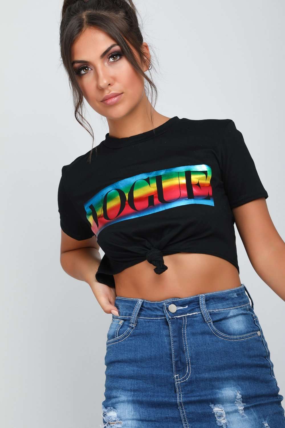 Black Vogue Print Rainbow Tie Front Crop Top - bejealous-com