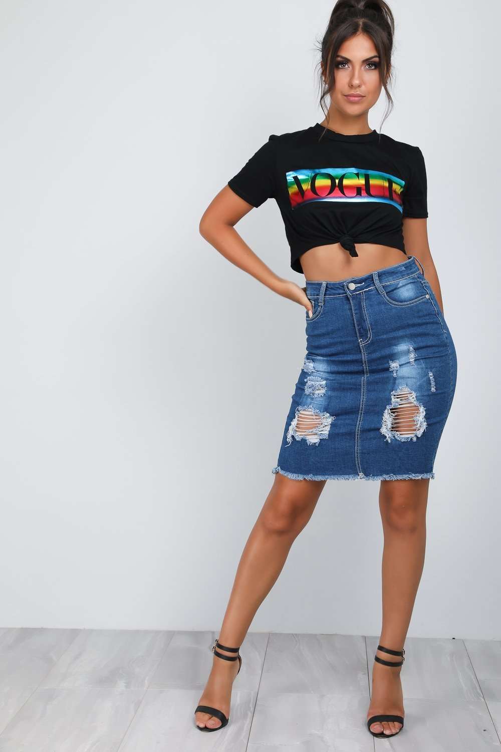 Black Vogue Print Rainbow Tie Front Crop Top - bejealous-com