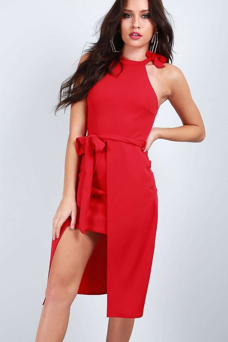 Sammie Tie Waist Halterneck Midi Dress - bejealous-com