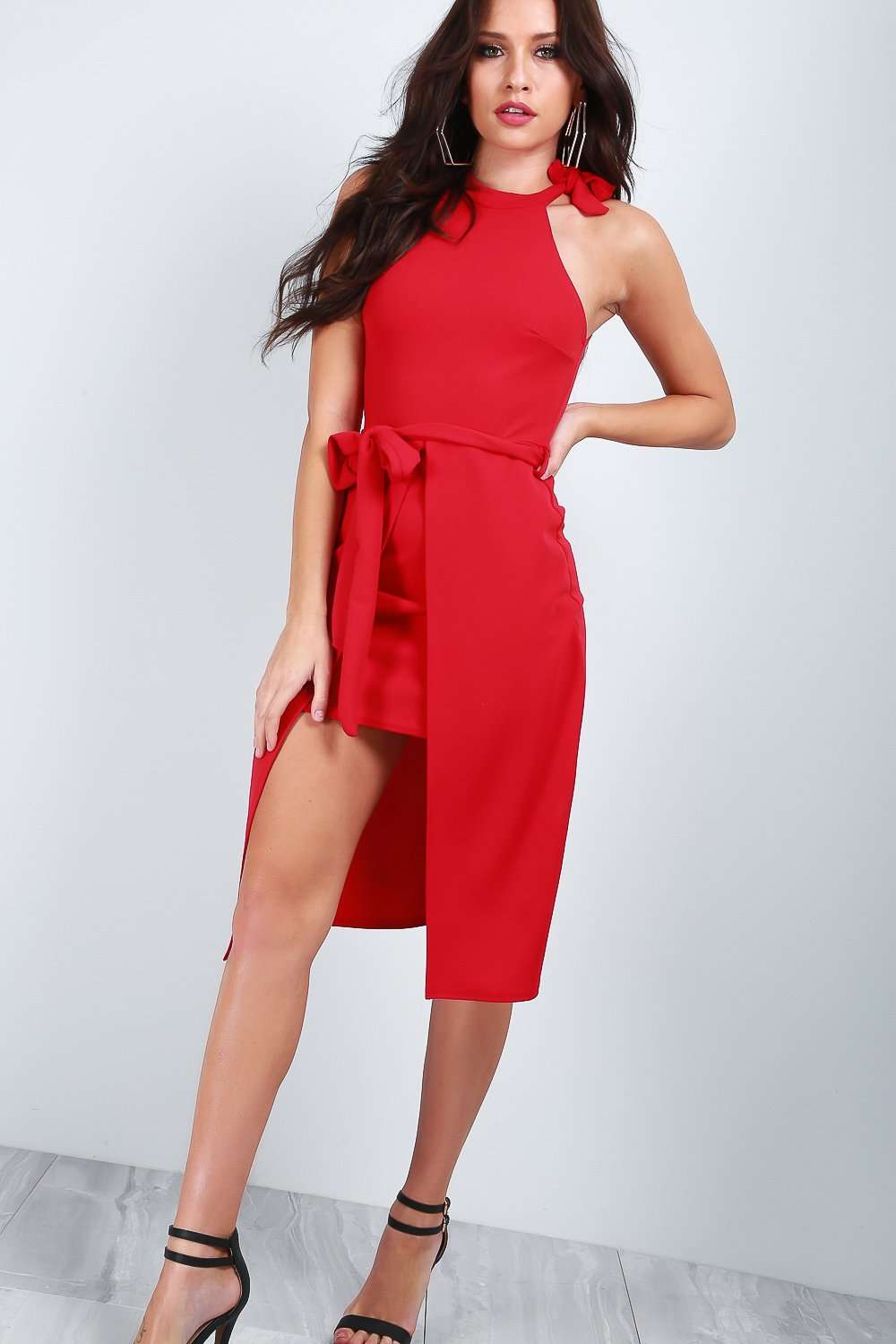 Sammie Tie Waist Halterneck Midi Dress - bejealous-com